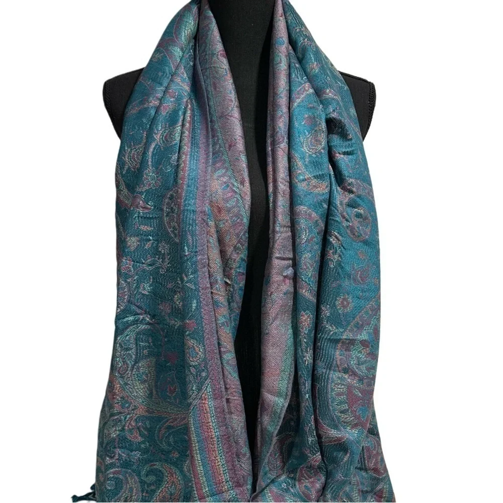 Elegant Shawl in Metallic Green Paisley-Versatile Wrap, Scarf, Veil, Soft Cozy